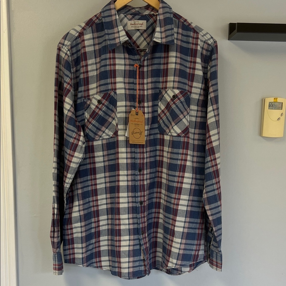 NWT Weatherproof Burnout Flannel Blue and Red Plaid Casual Shirt Sz XL